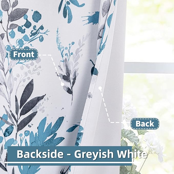 MYSKY HOME Floral Blackout Curtains for Kitchen Room Darkening Thermal Insulated Panels 45 Inch Long Light Blocking Grommet Rustic Curtains for Dormer Window, 2 Panels, Turquoise