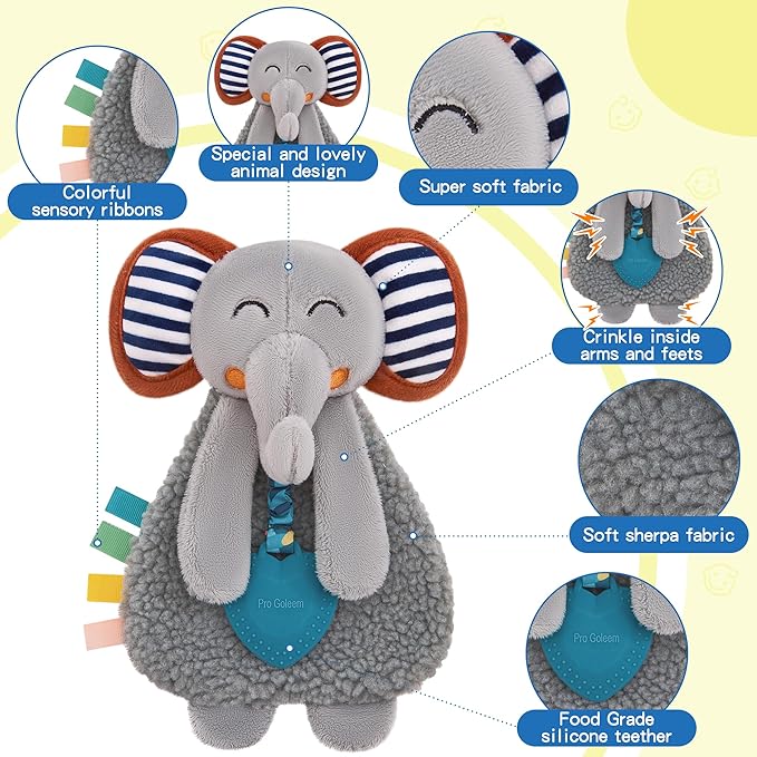 Pro Goleem Grey Elephant Loveys for Babies Girl and Boy, Baby Lovey with Teether, Baby Toys 0 3 6 9 12 Months, Safety Teething Toys for Babies Infant Newborn and Toddler Gifts