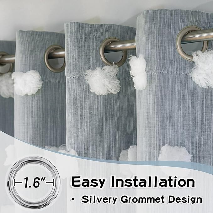 MYSKY HOME Kids Curtains for Boys Bedroom Room Darkening Grommet Double Layer Blackout Curtains 2 Panels for Son Room Decor 63 Inches Long White Pom Pom Sheer 2 Layers Dusty Blue 52 x 63 Inch