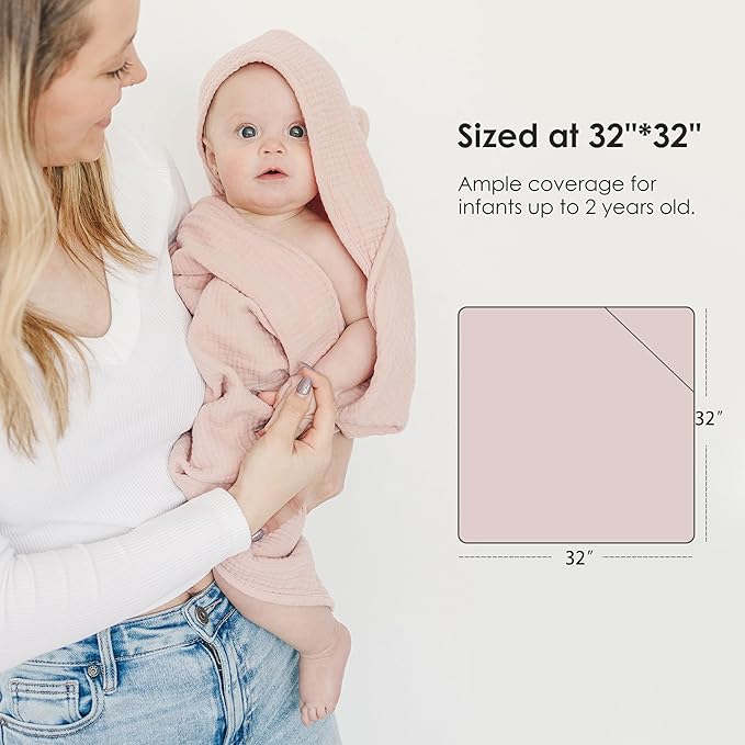 Hooded Baby Bath Towels, 100% Muslin Cotton Baby Girl Towels with Hood for Neutral Newborn Infants, Soft & Absorbent, Large Size - 32 * 32 Inches (Ivory & Pink)