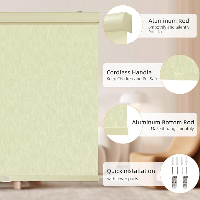 ChrisDowa Cordless Blackout Roller Shades for Windows, Striped Free-Stop Window Blinds with Privacy, Thermal Insulated Window Shades for Home, Office and Door. Beige, 50" W x 72" H