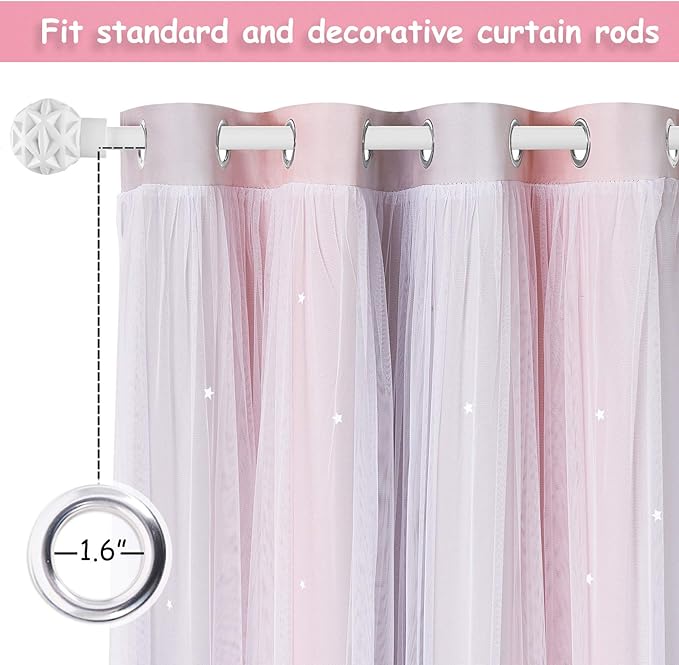 NICETOWN 2 Panels Stars Blackout Curtains for Bedroom Girls Kids Baby Window Decoration Double Layer Star Cut Out Aesthetic Living Room Decor Wall Home Curtain, W34 x L84 Inches, Pink & Grey
