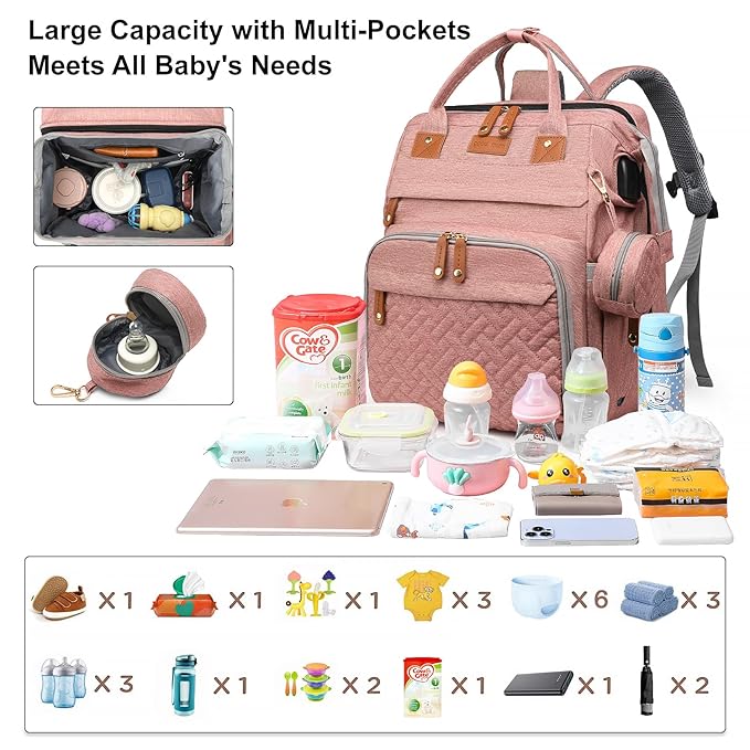 Baby Diaper Bags with Changing Station Multifunctional Waterproof Diaper Bag Backpack Travel Baby Bag with Changing Pad, Pacifier Case,Baby Essentials(Pink)