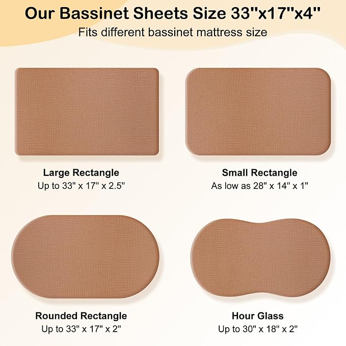 Baby Bassinet Sheets TPU Waterproof 2 Pack Soft Muslin Bedside Bassinet Mattress Sheets with Bottom Elastic Band for Baby Boy Girls Unisex Fit Hourglass Oval and Rectangle, White Rainbow