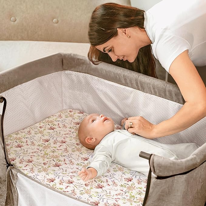 lulumoon Baby Bassinet Sheets Muslin: Cotton Bedside Bassinet Sheets Floral for Girls - Fitted for Bedside Sleeper Mattress