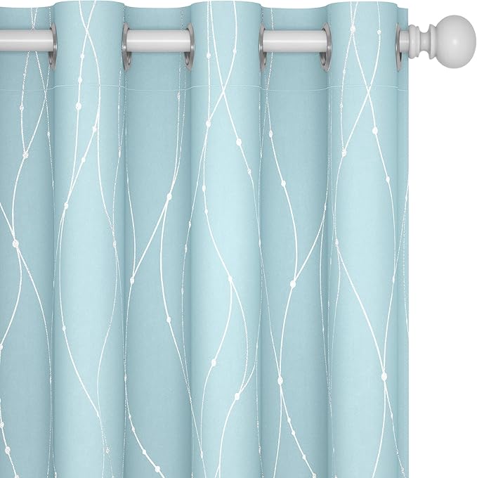 Deconovo Blackout Curtains, Thermal Insulated Soundproof Grommet Drapes, Wave Dot Foil Print, 52 x 84 Inch, Set of 2, Machine Washable Window Panel for Bedroom Living Room Nursery Kitchen, Light Blue