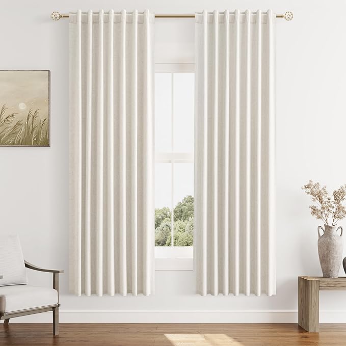 Guken 100% Blackout Curtains 80 Inch Length 2 Panels Set for Living Room Bedroom Back Tab Thermal Insulated Black Out Linen Drapes Room Darkening Window Curtains 80 Inches Long,Beige White