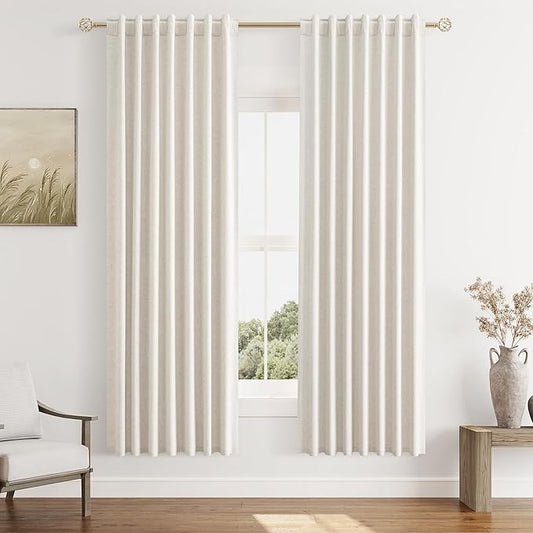 Guken 100% Blackout Curtains 80 Inch Length 2 Panels Set for Living Room Bedroom Back Tab Thermal Insulated Black Out Linen Drapes Room Darkening Window Curtains 80 Inches Long,Beige White