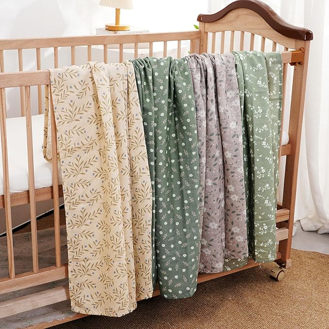 4 Set Muslin Swaddle Blankets for Newborn Baby Boys, Girls,Receiving Blankets-Cute Soft Print Baby Towel Wrap 120x110cm Baby