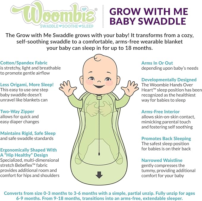 Woombie Grow with Me Baby Swaddle, Convertible Swaddle Fits 0-9 Months, Expands to Wearable Blanket for up to 18 Months, Love Print