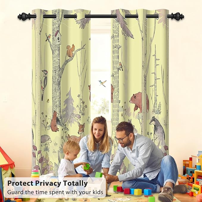 Kids Blackout Curtains for Nursery, Boy's Woodland Animal Print Curtains for Bedroom, Cartoon Room Darkening Window Drapes 2 Panels Set, Yellow, 42W x 84L