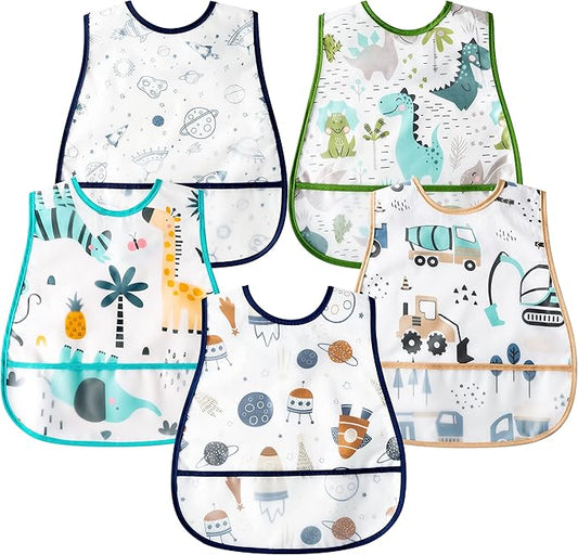 R HORSE 5Pcs Baby Bibs Set Toddler Bibs with Crumb Catcher Pocket & Snap Button Waterproof Baby Feeding Bibs for 6-24 Months