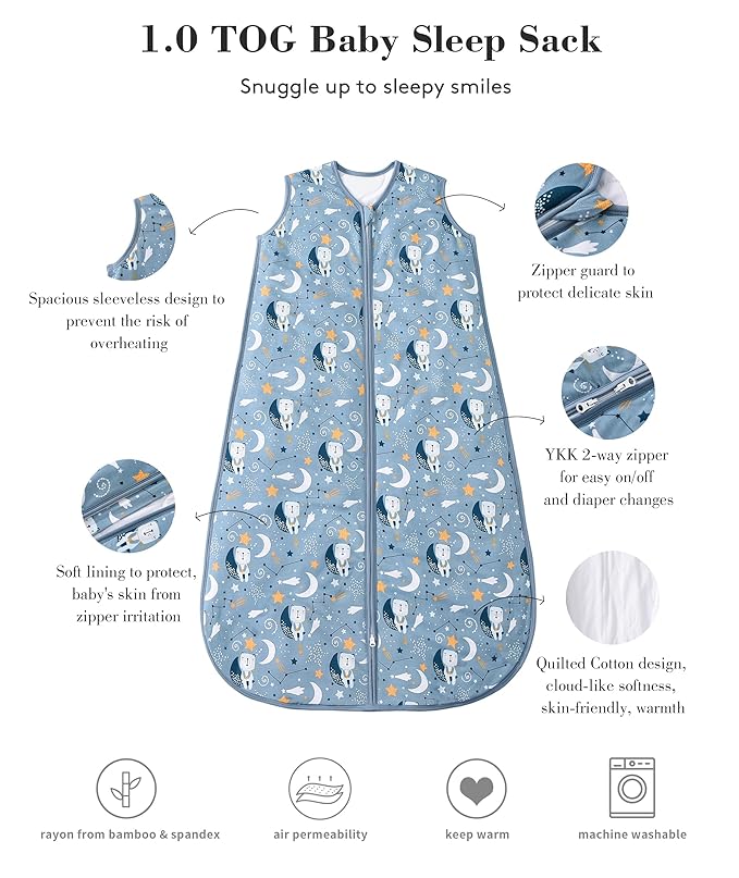 TADO MUSLIN Baby Sleep Sack 2-4 T 95% Rayon from Bamboo 5% Spandex Boys & Girls Wearable Blanket 1.0 TOG Toddler Sleeping Sack 2- Way Zipper X-Large Blue Bears