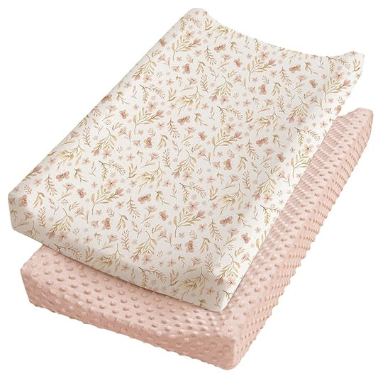 Konssy Minky Changing Pad Cover 2 Pack, Soft Minky Dots Plush Diaper Changing Table Cover Set, Breathable Changing Pad Sheets for Baby Girls Boys (Pink Spring, Blush)