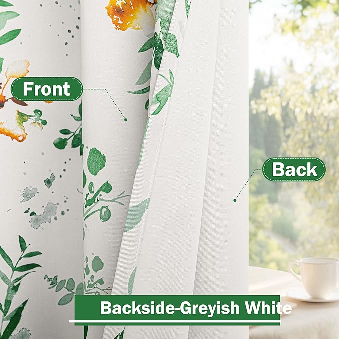 MYSKY HOME Sage Green Floral Blackout Curtains 84 inch Long 2 Panels for Living Room Bedroom - Spring Flower Patterned Room Darkening Light Blocking Grommet Window Drapes, 52" W, Yellow and Green