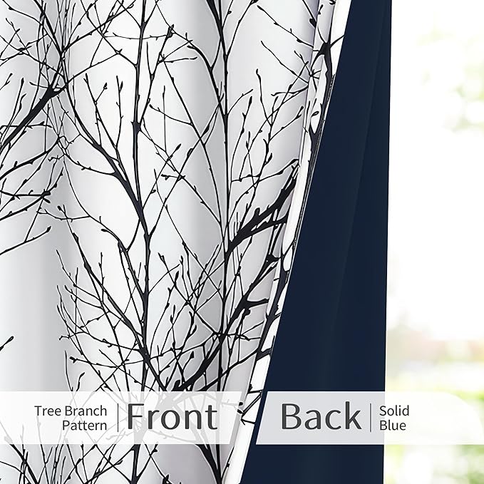 FMFUNCTEX 100% Blackout Curtains for Bedroom, Black White Tree Branch Curtains 54 Inches Long for Living Room, Short Thermal Insulated Window Drapes for Basement, Small Windows 2 Panels Grommet Top