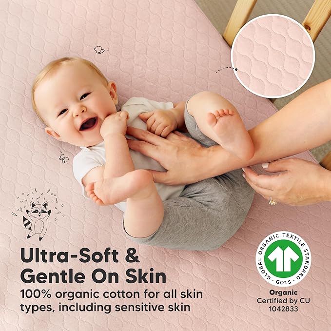 2-Pack Waterproof Crib Mattress Protector Cover Fitted - Quiet Baby Crib Mattress Pad Sheets, 52" x 28" Soft Quilted Cotton Baby Sheet, Machine Washable, Easy Fit, Durable (Cameo/Mavy)