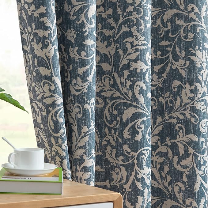 jinchan 72 inch Curtains for Bedroom, 80% Blackout Farmhouse Drapes with Scroll Floral Patterned for Living Room, Grommet Top Thermal Insulated Curtains, Vintage Country Drapes 2 Panels, Blue