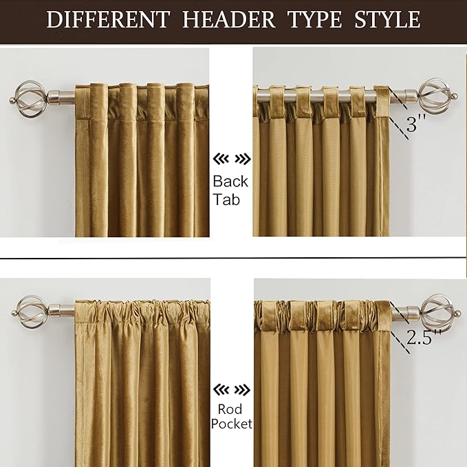 100% Full Blackout Golden Velvet Curtains 120 inch Long for Living Room,Set of 2 Panels Liner Rod Pocket Back Tab Thermal Window Curtains Room Darkening Heavy Decorative Curtains Drapes for Bedroom