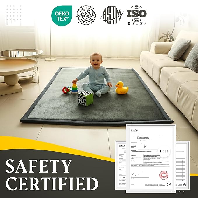 Grey Baby PlayMat Rug Extra Thick 3.5CM | Cloudsoft Coral Velvet Crawl Memory Foam Floor Mat | Anti-Spill | Anti-Slip | Toddlers Infants Kids Children | 60"x80" | Tummy Time | Padded Yoga Rug