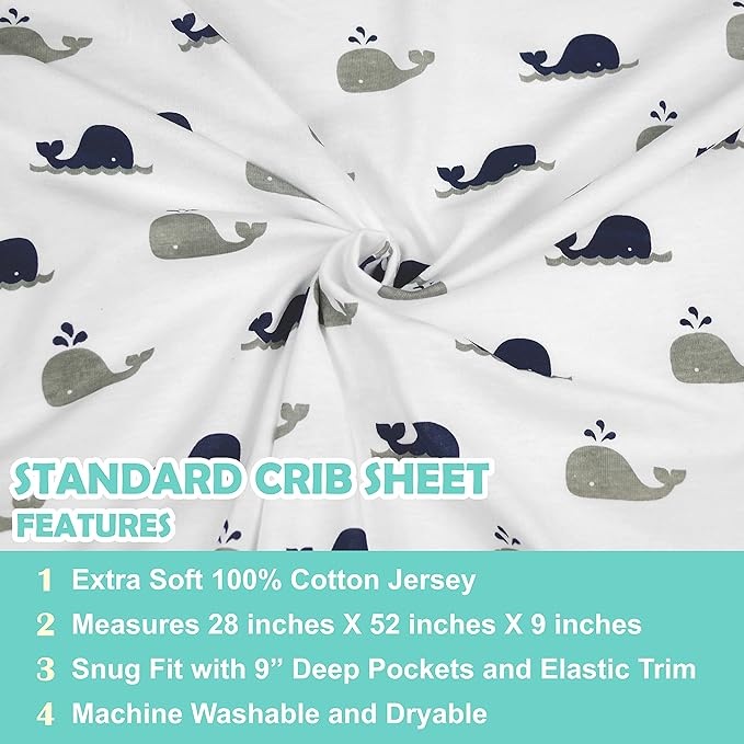 American Baby Company 2 Pack 100% Natural Cotton Fitted Crib Sheets 52" x 28" - Soft, Breathable, Hypoallergenic & Gentle Toddler Bed Sheets, Navy Whale and Gray, Neutral for Boys & Girls