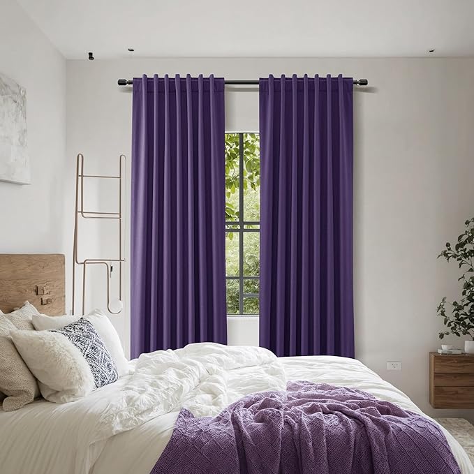 Guken 100% Blackout Curtains 96 Inch Length 2 Panels Set for Living Room Bedroom Back Tab Thermal Insulated Black Out Linen Drapes Room Darkening New Purple,52x96