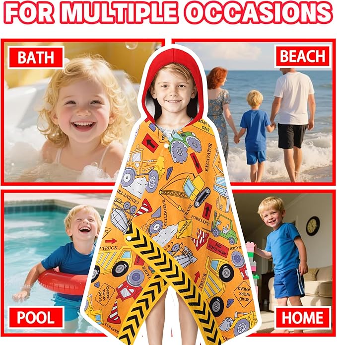 Hooded Beach Towels for Kids - Ultra Soft 100% Cotton Excavator Toddler Hood Bath Towels/Pool Terry Towel Beach Poncho Wrap Absorbent Cute Bath & Swim Wrap Gift for Boys & Girls 3-10 Years - Yellow