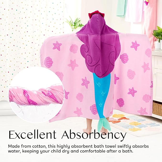 Joiedomi Mermaid Hooded Towel for Kids Soft 100% Cotton Bath Beach Towel 30" x 50" for Kids 3-10 Years Toddler Pool Poncho with Hood Absorbent Swim Wrap for Boys Girls
