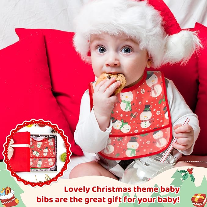 2ooya Christmas Baby Feeding Bib - 6Pcs Toddler Waterproof Food Bibs with Crumb Catcher Pocket Xmas Infant Adjustable Sleeveless Baby Bib First Christmas Gift for Eating Teething Drooling, 6-24 Months