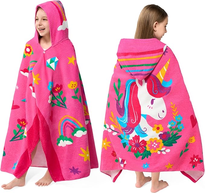 Joiedomi Hooded Towels for Kids Pink Unicorn Soft 100% Cotton Kids Beach Towel 30" x 50" for 3-10 Years Boys Girls Beach Hooded Poncho Absorbent Pool Toddler Swim Bath Wrap