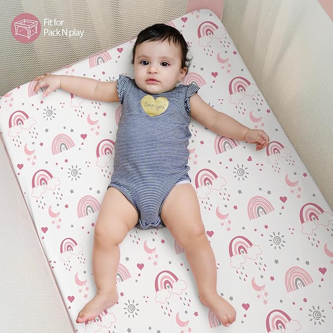 Baby Mini Crib Sheets Girl, Portable 38”x26” Pack and Play Sheets Fitted for Playard and Pack N Play Mattress, 3-Pack Soft Microfiber Pink Rainbow