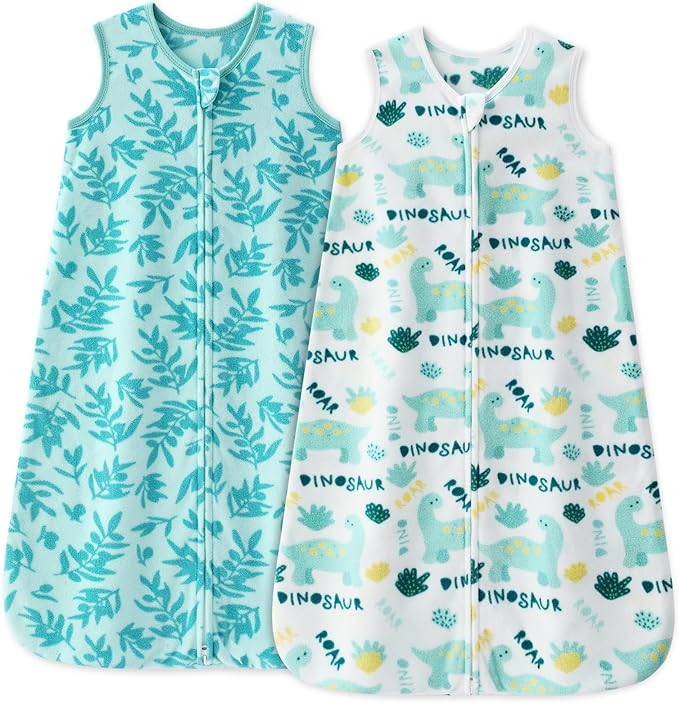 Unnivoll Fleece Baby Sleep Sack 18-24 Months 1.0 Tog Baby Wearable Blanket Microfleece Sleeping Sack with 2-Way Zipper for Toddler Infant Green & White Dinosaur