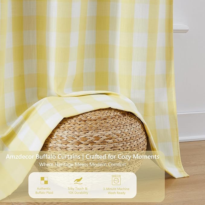 Amzdecor Buffalo Check Plaid Full Blackout Curtains 95 Inches Long for Bedroom Thermal Insulated Total Room Darkening Grommet Drapes, Rustic Farmhouse Window Treatment, 2 Panels,40"x95",Yellow & White