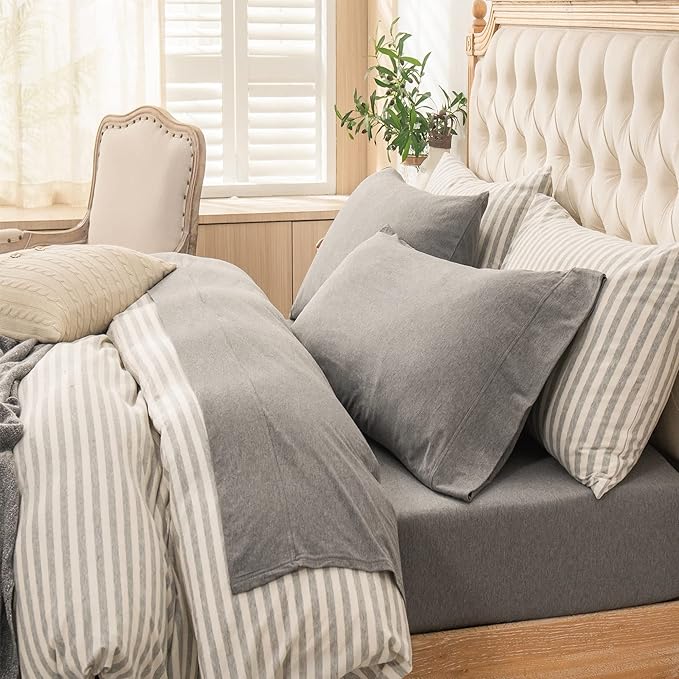 PURE ERA Jersey Knit 4pc Bed Sheet Set 100% T-Shirt Cotton Super Soft Comfy Breathable Fits Mattress Up to 15" Extra Deep Pocket (Heather Dark Grey, Twin)
