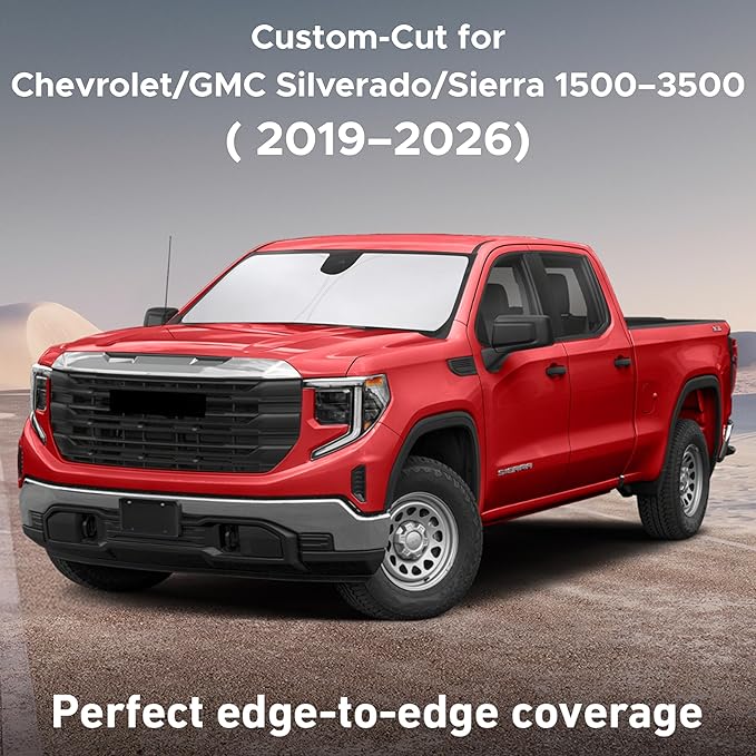 Econour Windshield Sunshade for Chevrolet/GMC Silverado/Sierra 1500–3500 2019-2024 2025 2026, Sun Visor for Front Windshield & Window Sun Shade Cover, UV Heat Blocker & Protector, Car Accessories