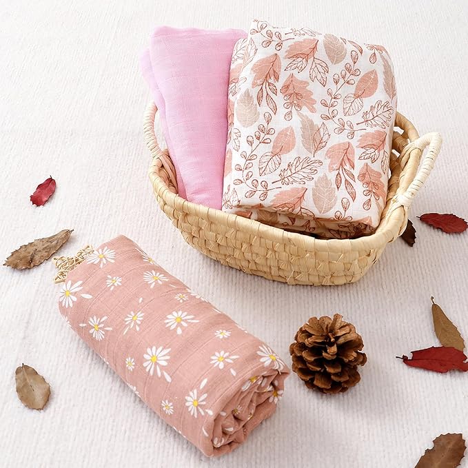Happy Flute 3 Set Muslin Swaddle Blankets,Essential Baby&Newborn Swaddling,Perfect for Boys&Girls,Receiving Blankets,Nursing,Stroller Cover,Large 47.2x43.3 inches Swaddle Wrap Burping Clothes. (Pink)