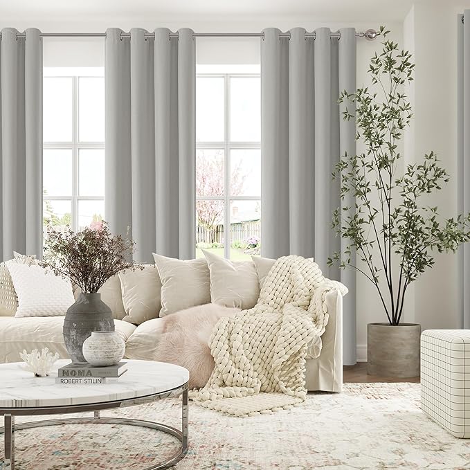 ChrisDowa 100% Blackout Light Grey Solid Curtains 96 Inches Long 2 Panels for Bedroom Living Room,Farmhouse Room Darkening Thermal Insulated Soundproof Grommet Top Window Treatment Drapes,52x96