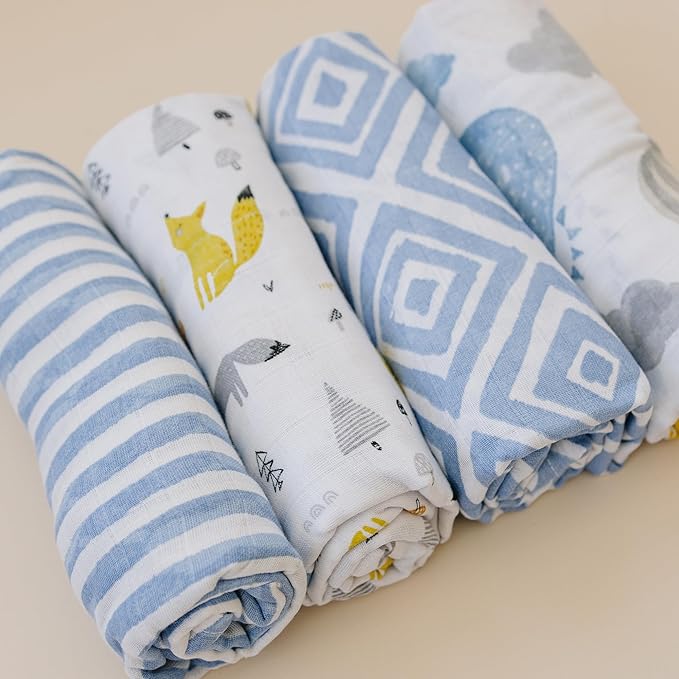 Featherhead™ 100% Cotton Muslin Swaddle Blankets for Baby Boy - Large 47”x 47” - Pre-Washed, Soft, & Breathable - Newborn Essential & Perfect Baby Registry Gift (4 Pack - Blue Foxes)
