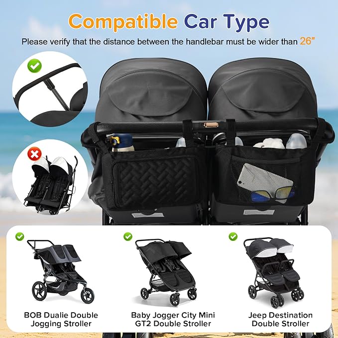 Double Stroller Caddy Organizer with 2 Insulated Cup Holder, Parent Console Fits for BOB Duallie, Jeep, Baby Jogger City Mini GT2 and UPPAbaby, Double Jogging Stroller Accessories