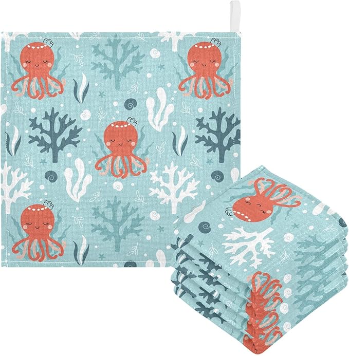 vvfelixl Baby Muslin Washcloths Octopus Swimming Underwater Baby Burp Cloths Cotton Baby Face Towel for Newborn Infants Boys Girls Soft and Absorbent 11.8 X 11.8 in, 3 Pack