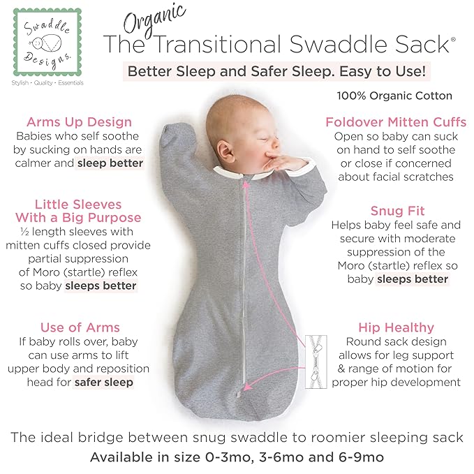 SwaddleDesigns Organic Transitional Swaddle Sack, Arms Up Swaddle with Half-Length Sleeves & Mitten Cuffs, Large, 6-9 Months, 21-24 lbs, Green Tranquility Triangles