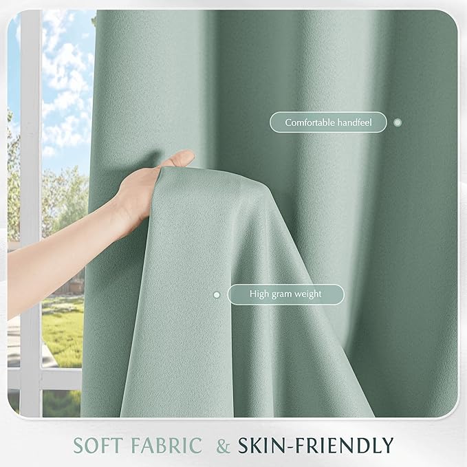 Beauoop 100% Blackout Curtains 54 Inch Long 2 Panels for Bedroom Living Room Seafoam Green Solid Room Darkening Thermal Insulated Soundproof Energy Saving Grommet Top Window Treatment Drapes,52x54