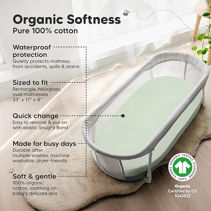 2-pk Waterproof Bassinet Sheets Girls, Boys, Cotton - 33x17 Universal Bassinet Mattress Pad Protector Cover, Compatible with Graco, Baby Delight, Chicco, Halo Bassinest Swivel Sleeper Fitted (Sage)