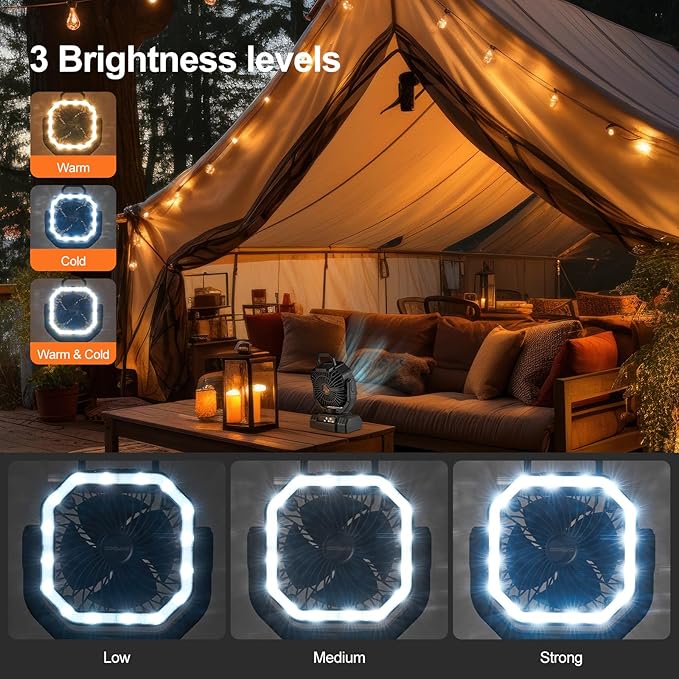 Odoland Portable Camping Fan with LED Lantern, 20000mAh Rechargeable Battery Powered Fan with Auto Oscillation, Timer, Remote, 360° Rotation Hook, 4 Speeds for Power Outage Travel Home, Black