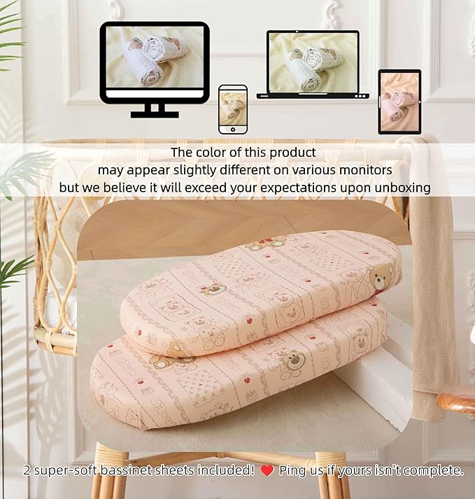 SDY Jersey Bassinet Sheets 2 Pack for Baby Girls,32 "x 16 "x 4", Pink Kawaii Bear Standard Oval/Retangle Bassinet Mattress Sheets for Toddler,Super Soft Breathable