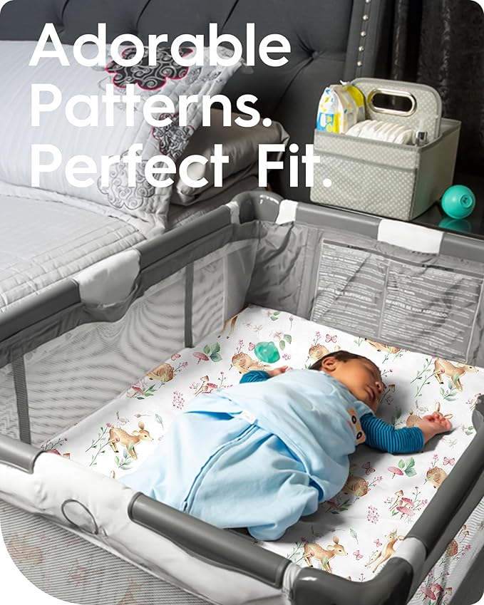 TotBasic Mini Crib Sheets 24x38, Ultra Soft Pack N Play Sheets Fitted Boy Girl, Neutral Pack and Play Mattress Sheets, Premium Jersey Knit Portable Crib Sheets Hypoallergenic, Forest Bear & Deer
