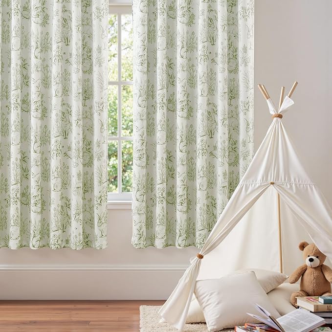 jinchan Blackout Nursery Curtains 72 Inches Long, Bunny Woodland Toile Curtains Sage Green on Beige Animal Printed Drapes for Bedroom Rod Pocket Thermal Insulated Farmhouse Window Treatment 2 Panels