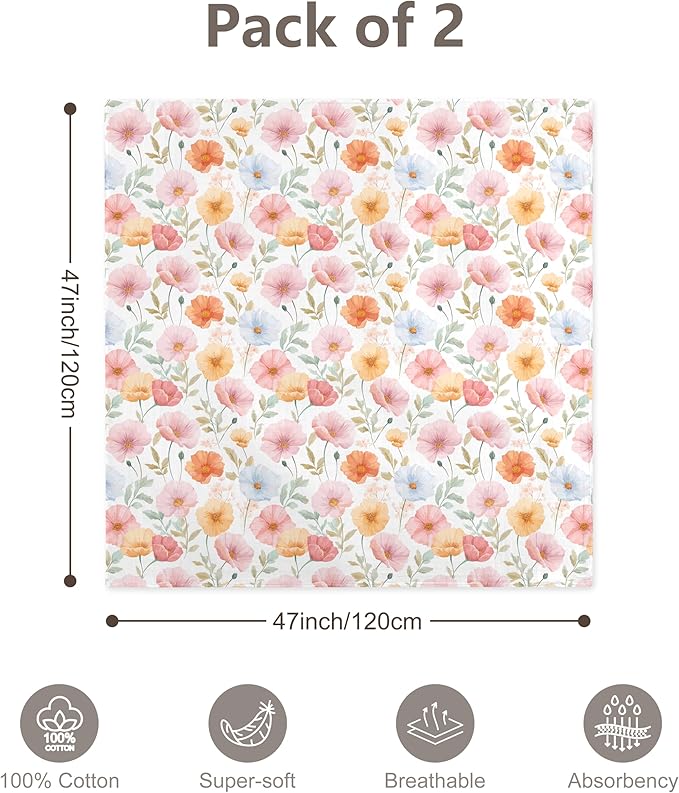 2-Pack 100% Cotton Muslin Swaddle Blankets, Large 47 x 47 Inches — Breathable Soft Receiving Blankets for Newborns, Swaddling Wraps, Baby Essentials, Registry Gift (Butterfly & Bloom Duo)