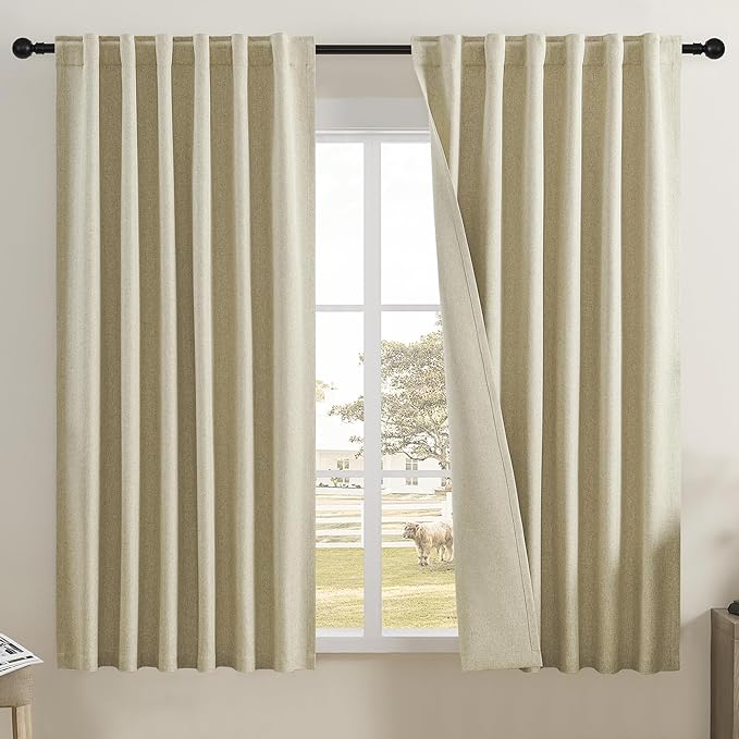 DUALIFE 100% Black Out Curtains 72 Inch Long 2 Panels Burg Natural Blackout Linen Drapes for Bedroom Living Room Darkening Curtain Thermal Insulated Summer Heat Back tab Rod Pocket(50x72 Inch,Oatmeal)