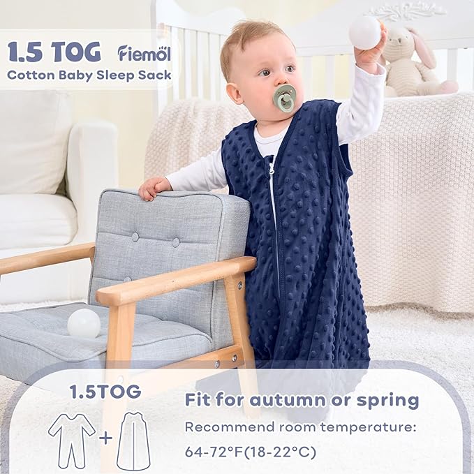 FIEMOL Fleece Baby Sleep Sack 6-12 Months, 1.5 TOG Cotton Baby Wearable Blanket With Soft Plush Dots, 2 Pack Newborn and Infant Warm Sleeping Sack with 2-Way Zipper Blue&Grey